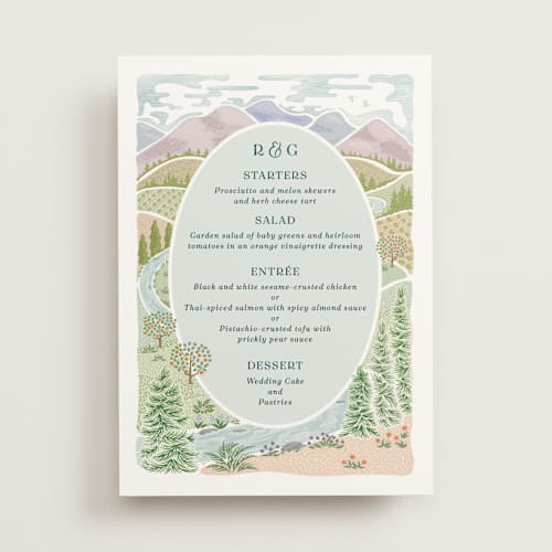 This is a pine menu cards with standard by Paper Sun Studio called river valley printing on signature in standard