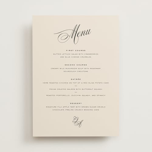 This is a almond menu cards with standard by Eric Clegg called modern romance printing on signature in standard