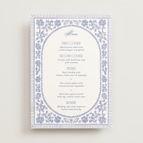 This is a cerulean menu cards with standard by Jenna Holcomb called embroidered printing on signature in standard