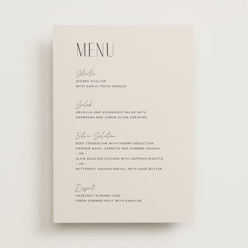 This is a linen menu cards with standard by Kelly Schmidt called arabilla overlap printing on signature in 5x7