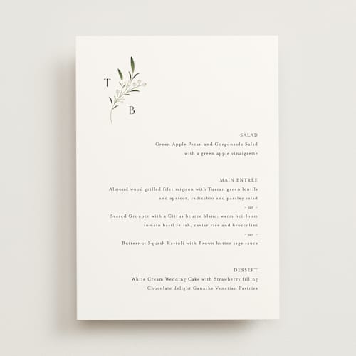 This is a cotton menu cards with standard by Jennifer Postorino called gentle whisper printing on signature in 5x7