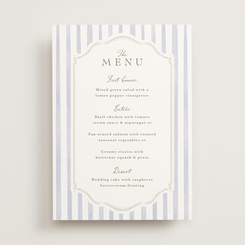 This is a periwinkle menu cards with standard by Kristen Smith called delicate vines printing on signature in standard