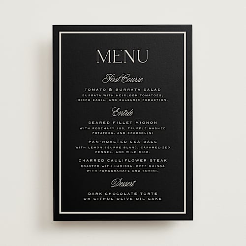 This is a onyx menu cards with standard by Laura Hankins called galleria printing on signature in standard