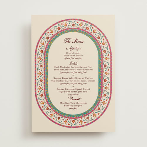 This is a ivory menu cards with standard by Sherley Ferreira called mughal gardens printing on signature in standard