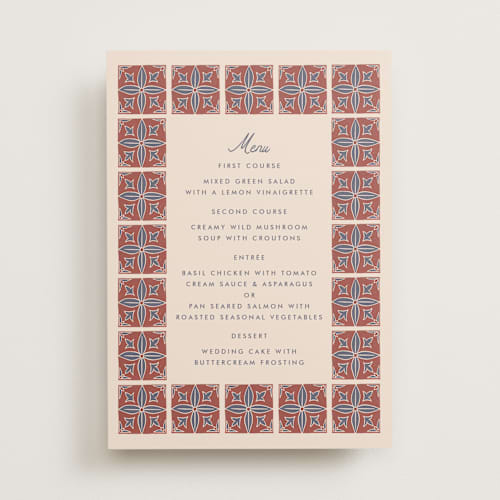 This is a terracotta menu cards with standard by Katharine Watson called block print tile printing on signature in standard