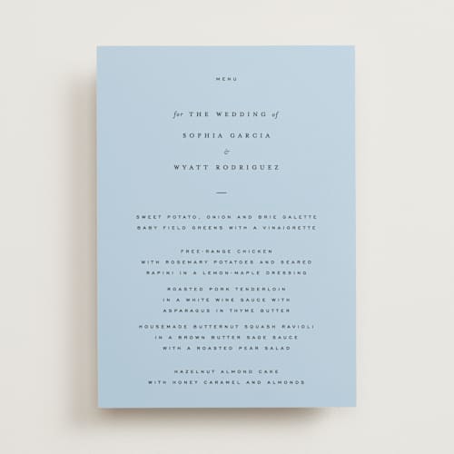This is a sky menu cards with standard by Blustery August called tarte tatin printing on signature in standard