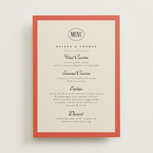 This is a tangerine menu cards with standard by Alethea and Ruth called modern bold printing on signature in standard