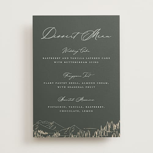 This is a hunter wedding signs with standard by Sarah Brown called peaks printing on doublethick in 5x7