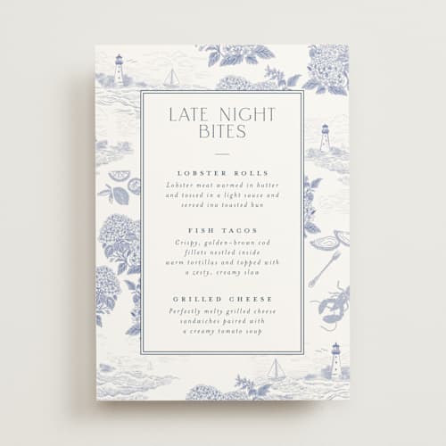 This is a periwinkle wedding signs with standard by Jenna Holcomb called coastal toile printing on doublethick in 5x7