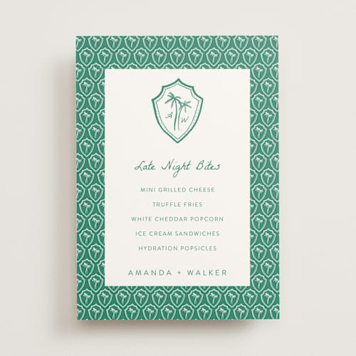 This is a palm wedding signs with standard by Erika Firm called palm tree crest printing on doublethick in 5x7