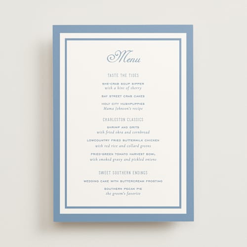 This is a provincial blue wedding signs with standard by Sara Hicks Malone called preston printing on doublethick in 5x7