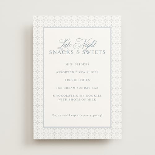 This is a dusty blue wedding signs with standard by Jennifer Postorino called coastal charm printing on doublethick in 5x7