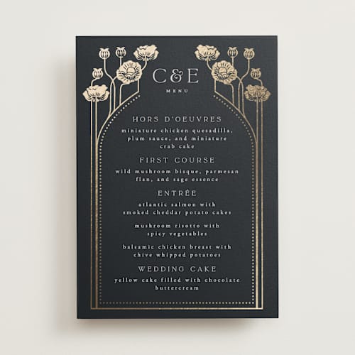 This is a navy menu cards with foil pressed by Ana de Sousa called nouveau flowers printing on signature in 5x7