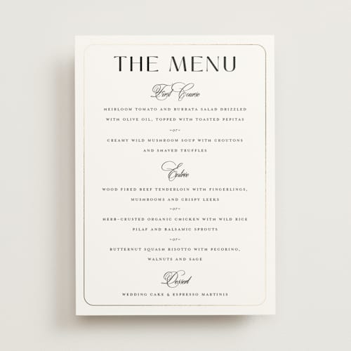 This is a cotton menu cards with foil pressed by Christie Garcia called loren printing on signature in 5x7