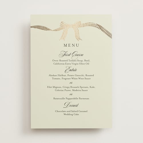 This is a champagne menu cards with foil pressed by Chris Griffith called all tied up printing on signature in 5x7