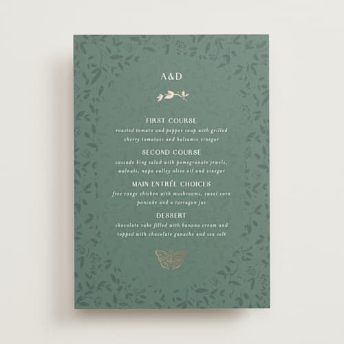 This is a eucalyptus menu cards with foil pressed by Simona Camp called southern romance printing on signature in 5x7