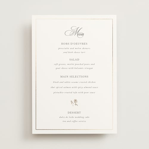 This is a classic bride menu cards with foil pressed by Design Lotus called here with you printing on signature in 5x7