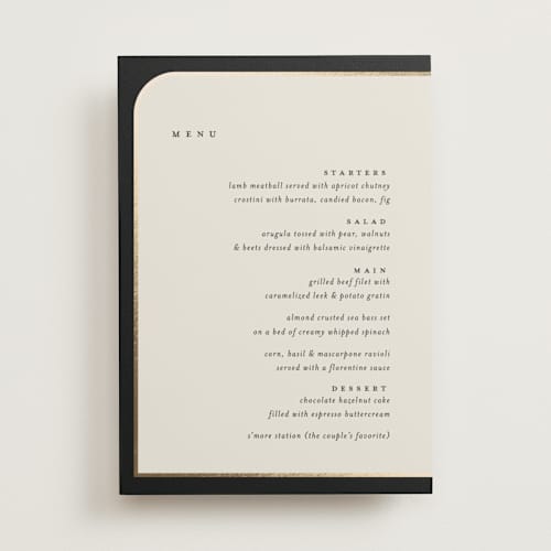 This is a black tie menu cards with foil pressed by Carolyn Nicks called tuxedo printing on signature in standard