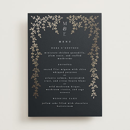 This is a midnight menu cards with foil pressed by Ana de Sousa called beautiful chuppah printing on signature in standard