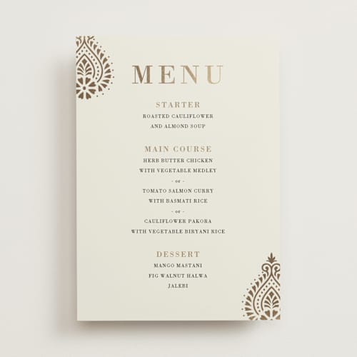 This is a champagne menu cards with foil pressed by Oma N. Ramkhelawan called henna stamp printing on signature in standard