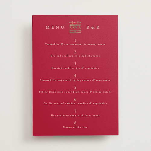 This is a ruby menu cards with foil pressed by Janean Hinger called double peony printing on signature in standard