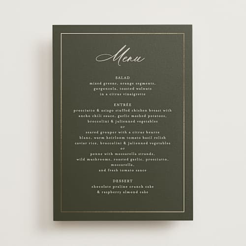 This is a deep olive menu cards with foil pressed by Nicole Walsh called refined printing on signature in 5x7