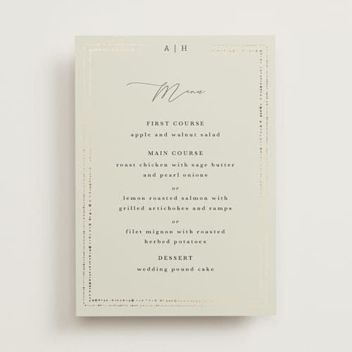 This is a taupe menu cards with foil pressed by Hannah Williams called foil botanical frame printing on signature in 5x7
