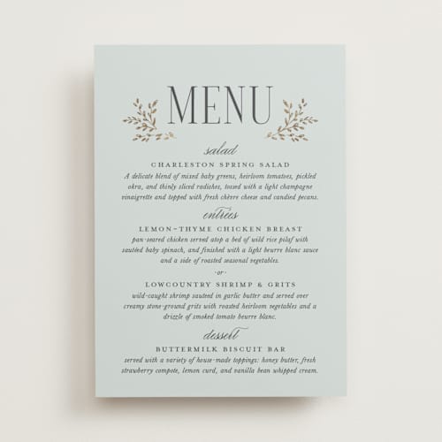 This is a mist menu cards with foil pressed by Laura Hankins called enchanted printing on signature in 5x7