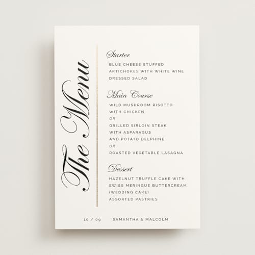 This is a silk menu cards with foil pressed by Zani van Zyl called shaped menu printing on signature in standard