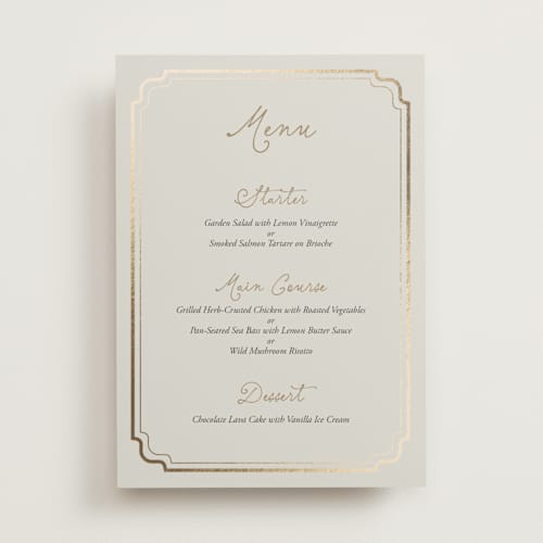 This is a champagne menu cards with foil pressed by Cass Loh called curved frame printing on signature in standard