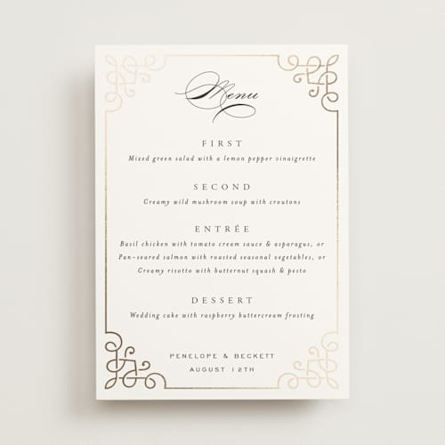 This is a pearl menu cards with foil pressed by Janean Hinger called intertwined printing on signature in 5x7