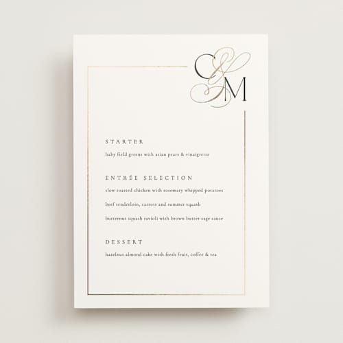 This is a silk menu cards with foil pressed by Kelly Schmidt called golden ampersand printing on signature in 5x7