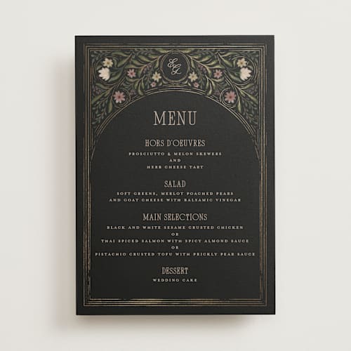 This is a noir menu cards with foil pressed by Randi Cirelli called emilie printing on signature in 5x7