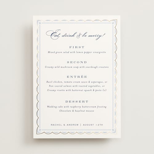This is a dusty blue menu cards with foil pressed by Janean Hinger called aurelia printing on signature in 5x7