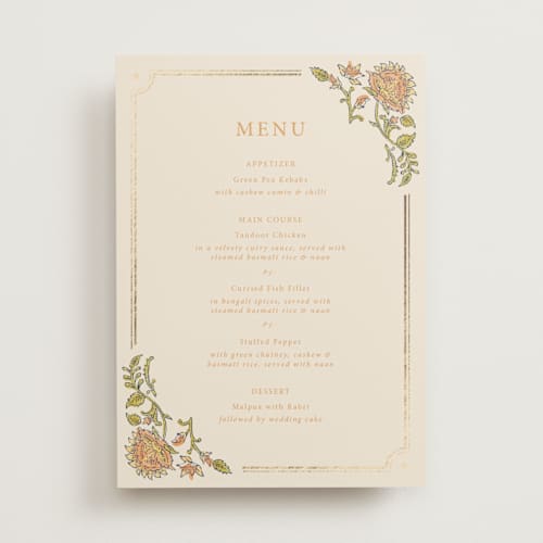 This is a ochre menu cards with foil pressed by Hannah Bowman called marigold printing on signature in 5x7
