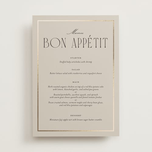 This is a champagne menu cards with foil pressed by Kristin Oliversen called luxe lines printing on signature in 5x7