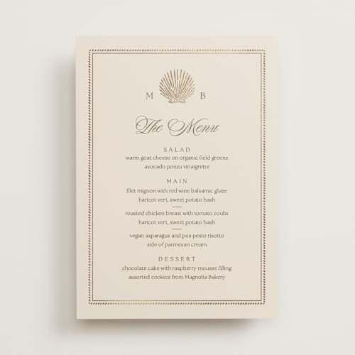 This is a champagne menu cards with foil pressed by Griffinbell Paper Co. called seaside printing on signature in 5x7