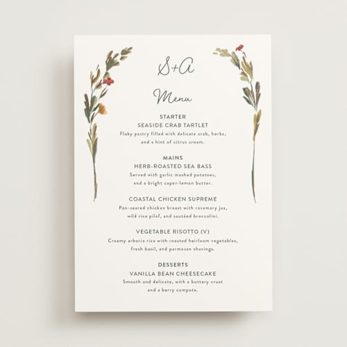 This is a garden green menu cards with foil pressed by Lucrecia Caporale called coastal bloom printing on signature in 5x7