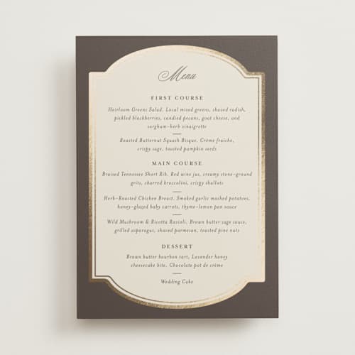 This is a cognac menu cards with foil pressed by Emily Betts called arch frame printing on signature in 5x7