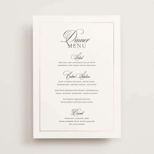 This is a silk menu cards with foil pressed by Kelly Schmidt called monogram script printing on signature in 5x7