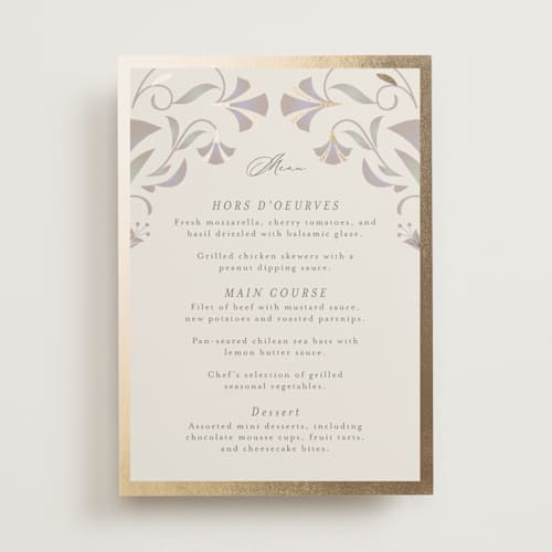 This is a vanilla menu cards with foil pressed by lori jacobs wemple called deco nouveau printing on signature in standard