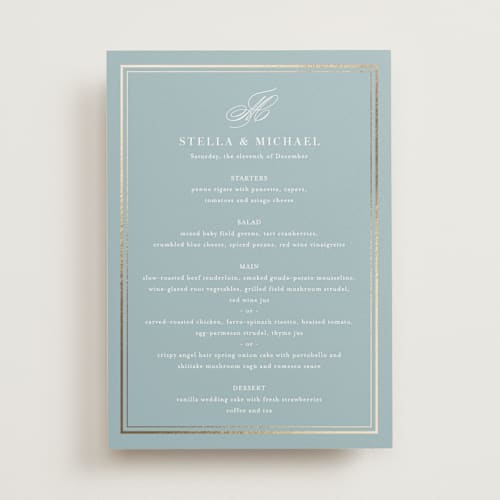 This is a powder blue menu cards with foil pressed by Jennifer Postorino called polished printing on signature in 5x7