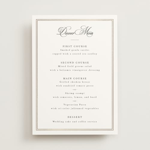 This is a snow menu cards with foil pressed by Sarah Brown called traditionalist printing on signature in standard