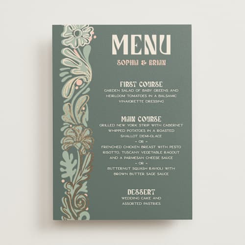 This is a sage menu cards with foil pressed by GeekInk Design called nouveau frame printing on signature in standard