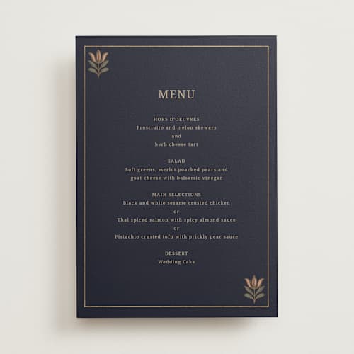 This is a navy menu cards with foil pressed by Jess Rosa Beck called botanical tapestry printing on signature in 5x7
