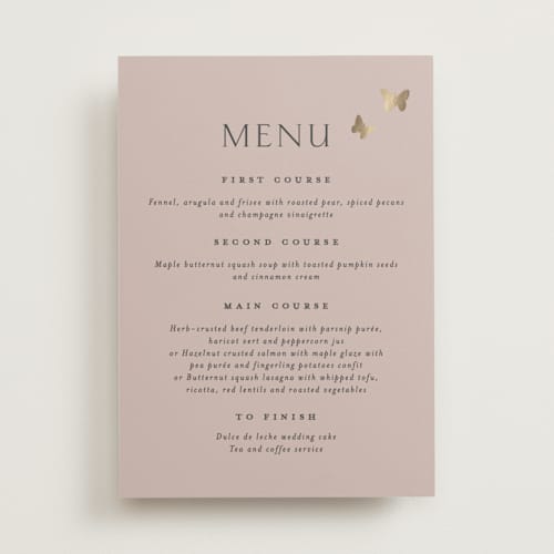 This is a blush meadow menu cards with foil pressed by Grae called dancing in the garden printing on signature in 5x7
