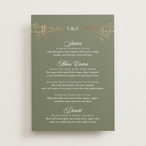 This is a sage menu cards with foil pressed by Lucrecia Caporale called country elegance printing on signature in 5x7