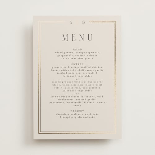 This is a champagne menu cards with foil pressed by Nicole Walsh called grace printing on signature in 5x7