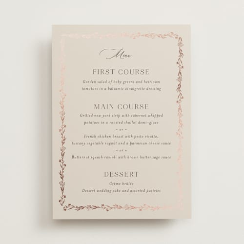 This is a almond menu cards with foil pressed by frau brandt called shining florals printing on signature in 5x7