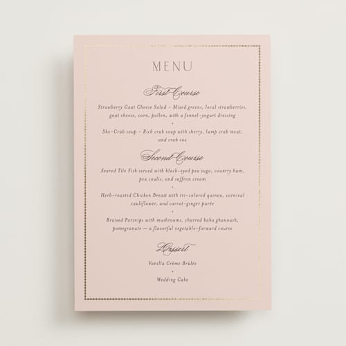 This is a rose quartz menu cards with foil pressed by Emily Betts called scallop monogram printing on signature in 5x7